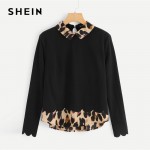 SHEIN Black Contrast Collar And Hem Scalloped Blouse Preppy Long Sleeve Casual Pullover Blouse Autumn Women Tops And Blouses