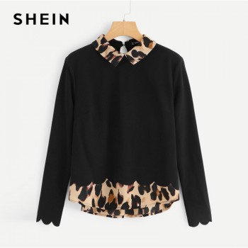 SHEIN Black Contrast Collar And Hem Scalloped Blouse Preppy Long Sleeve Casual Pullover Blouse Autumn Women Tops And Blouses