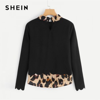 SHEIN Black Contrast Collar And Hem Scalloped Blouse Preppy Long Sleeve Casual Pullover Blouse Autumn Women Tops And Blouses