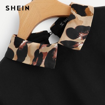 SHEIN Black Contrast Collar And Hem Scalloped Blouse Preppy Long Sleeve Casual Pullover Blouse Autumn Women Tops And Blouses