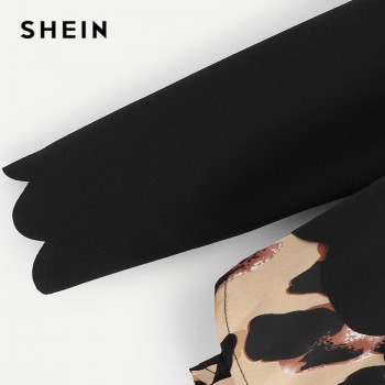 SHEIN Black Contrast Collar And Hem Scalloped Blouse Preppy Long Sleeve Casual Pullover Blouse Autumn Women Tops And Blouses