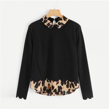 SHEIN Black Contrast Collar And Hem Scalloped Blouse Preppy Long Sleeve Casual Pullover Blouse Autumn Women Tops And Blouses