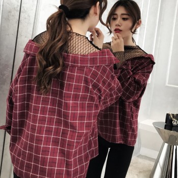 2018 korean Off Shoulder Plaid Blouse Women Vintage Long Sleeve Shirt Ladies Autumn Net Shirt Female Fashion Women Tops Clothing