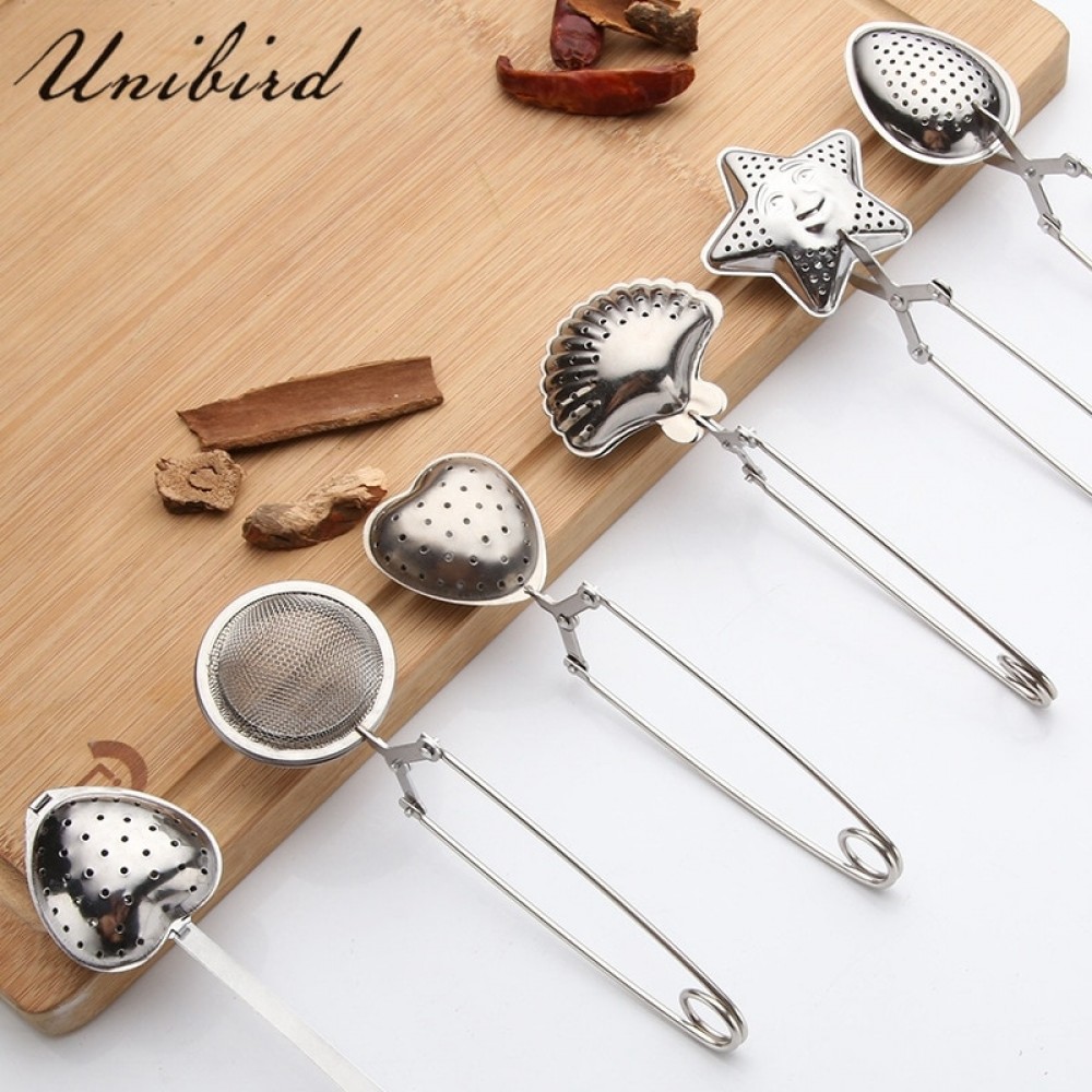 Unibird 1pc Stainless Steel Tea Strainer Heart Shape Tea Spoon Seasoning Infuser Star Shell Oval Round Style Strainer Teaware