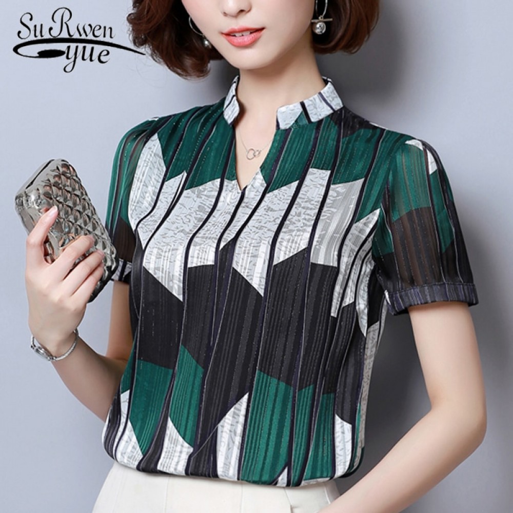 Fashion woman blouses 2019 Short Sleeve summer tops print striped Chiffon Blouse shirt plus size womens tops and blouses 2065 50