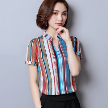 Fashion woman blouses 2019 Short Sleeve summer tops print striped Chiffon Blouse shirt plus size womens tops and blouses 2065 50