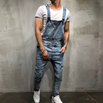 LITTHING 2018 Fashion Mens Ripped Jeans Jumpsuits Street Distressed Hole Denim Bib Overalls For Man Suspender Pants Size M-XXL