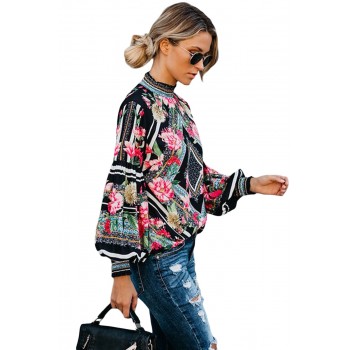 Black Gothic Red Rose Bohemian Floral Print Smocked Neckline Bishop Long Sleeve Blouse Women Leopard Plus Size XXL Blouse Tops