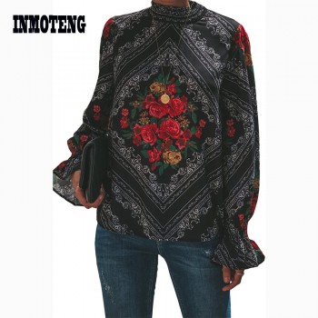 Black Gothic Red Rose Bohemian Floral Print Smocked Neckline Bishop Long Sleeve Blouse Women Leopard Plus Size XXL Blouse Tops