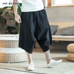 MRDONOO Men Pants Mens Wide Crotch Harem Pants Loose Large Cropped Trousers Wide-legged Bloomers Chinese Style Flaxen Baggy