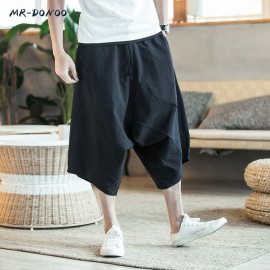 MRDONOO Men Pants Mens Wide Crotch Harem Pants Loose Large Cropped Trousers Wide-legged Bloomers Chinese Style Flaxen Baggy