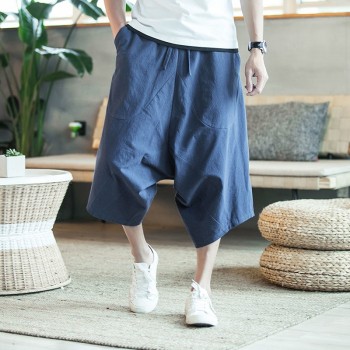 MRDONOO Men Pants Mens Wide Crotch Harem Pants Loose Large Cropped Trousers Wide-legged Bloomers Chinese Style Flaxen Baggy