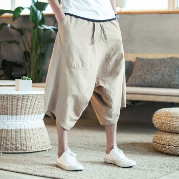 MRDONOO Men Pants Mens Wide Crotch Harem Pants Loose Large Cropped Trousers Wide-legged Bloomers Chinese Style Flaxen Baggy