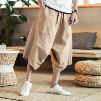 MRDONOO Men Pants Mens Wide Crotch Harem Pants Loose Large Cropped Trousers Wide-legged Bloomers Chinese Style Flaxen Baggy
