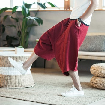 MRDONOO Men Pants Mens Wide Crotch Harem Pants Loose Large Cropped Trousers Wide-legged Bloomers Chinese Style Flaxen Baggy