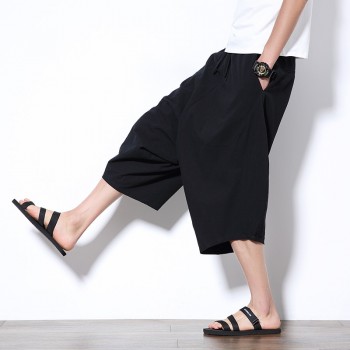 MRDONOO Men Pants Mens Wide Crotch Harem Pants Loose Large Cropped Trousers Wide-legged Bloomers Chinese Style Flaxen Baggy