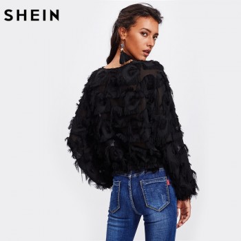 SHEIN Fringe Patch Mesh Top Sexy Autumn Womens Tops and Blouses Black Long Sleeve Round Neck Elegant Womens Tops