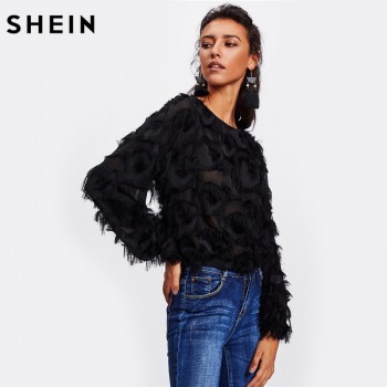 SHEIN Fringe Patch Mesh Top Sexy Autumn Womens Tops and Blouses Black Long Sleeve Round Neck Elegant Womens Tops
