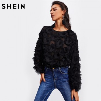 SHEIN Fringe Patch Mesh Top Sexy Autumn Womens Tops and Blouses Black Long Sleeve Round Neck Elegant Womens Tops