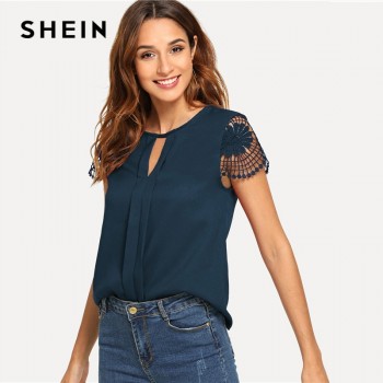 SHEIN Navy Cutout Lace Contrast Cap Sleeve Button Plain Top Modern Lady 2019 Summer Women Round Neck Minimalist Blouse