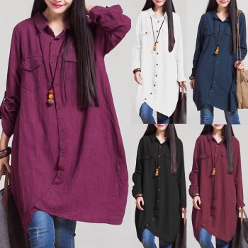 tunic Womens Shirt Blouse Plus Size 3XL 4XL 5XL Long Top female Irregular Hem Button Loose Casual Long Sleeve Vintage Tops Lady