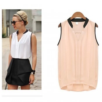Casual Summer Chiffon Blouses Women Plus Size Loose Sleeveless Vest Pactwork White Pink V-Neck Tops Office Lady Blouse Shirts