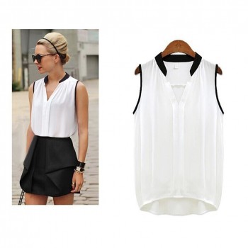 Casual Summer Chiffon Blouses Women Plus Size Loose Sleeveless Vest Pactwork White Pink V-Neck Tops Office Lady Blouse Shirts