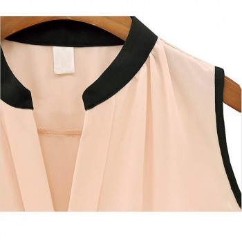 Casual Summer Chiffon Blouses Women Plus Size Loose Sleeveless Vest Pactwork White Pink V-Neck Tops Office Lady Blouse Shirts