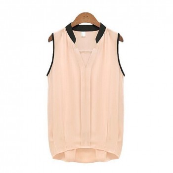Casual Summer Chiffon Blouses Women Plus Size Loose Sleeveless Vest Pactwork White Pink V-Neck Tops Office Lady Blouse Shirts