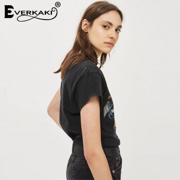 Everkaki Cotton Vintage Black Tee Shirt Women Short Sleeve Casual Summer Teesamp;Tops Retro Bohemian Punk Tee Shirts Female 2018