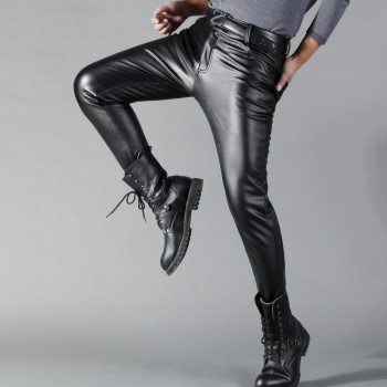 Thoshine Brand Man Leather Pants Spring And Summer Fashion Men Slim PU Leather Trousers High Elastic Man Motorcycle Pants Street