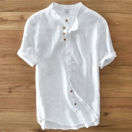 Mens vintage stand collar short sleeve linen shirt white khaki dark blue 100% linen casual shirts men summer shirts for men