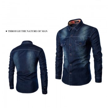 Denim Shirt Men Plus Large Size Cotton Jeans Cardigan Casual Fashion Two-pocket Slim Fit Long Sleeve Shirts For Male 2018 M-6XL
