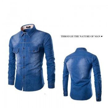 Denim Shirt Men Plus Large Size Cotton Jeans Cardigan Casual Fashion Two-pocket Slim Fit Long Sleeve Shirts For Male 2018 M-6XL