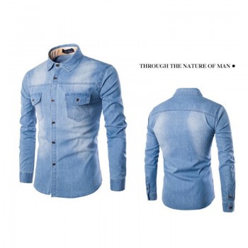 Denim Shirt Men Plus Large Size Cotton Jeans Cardigan Casual Fashion Two-pocket Slim Fit Long Sleeve Shirts For Male 2018 M-6XL