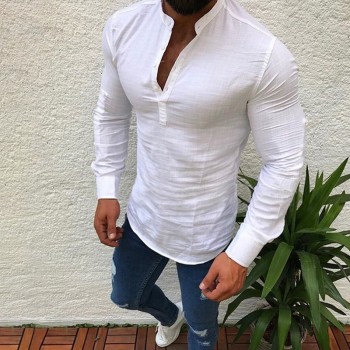 ZOGAA Asian Fashion Mens Pullover Shirt Long Sleeve Linen Shirts Collarless Shirt Men Camisas Manga Comprida