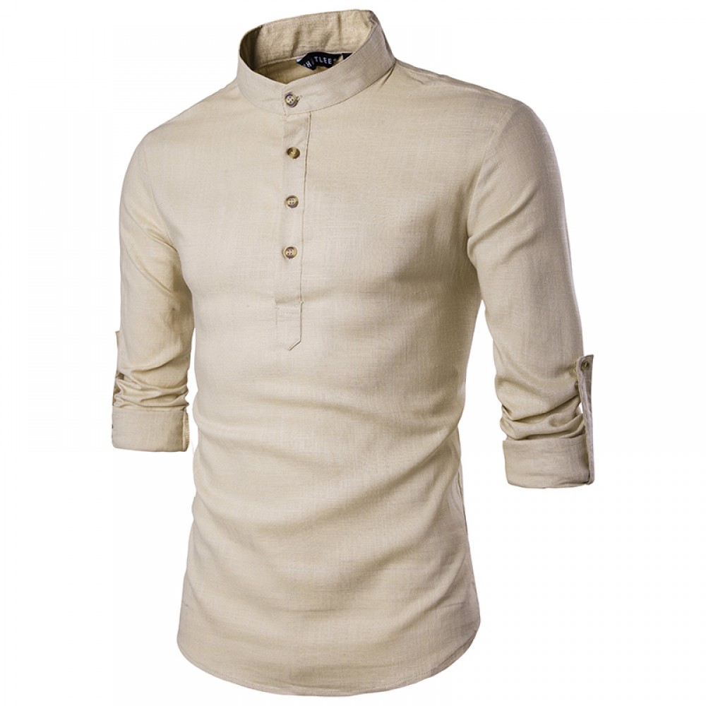 2018 Men casual Shirt Cotton Linen Blended Mandarin Collar Breathable Comfy Traditional Chinese Style long sleeve shirts EU size