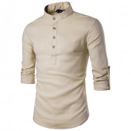 2018 Men casual Shirt Cotton Linen Blended Mandarin Collar Breathable Comfy Traditional Chinese Style long sleeve shirts EU size
