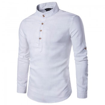 2018 Men casual Shirt Cotton Linen Blended Mandarin Collar Breathable Comfy Traditional Chinese Style long sleeve shirts EU size