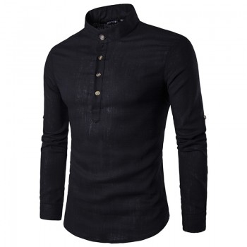 2018 Men casual Shirt Cotton Linen Blended Mandarin Collar Breathable Comfy Traditional Chinese Style long sleeve shirts EU size