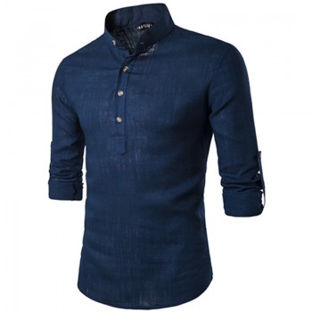2018 Men casual Shirt Cotton Linen Blended Mandarin Collar Breathable Comfy Traditional Chinese Style long sleeve shirts EU size