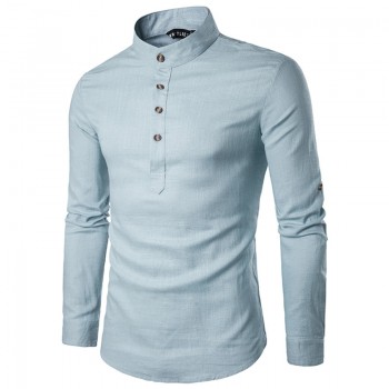 2018 Men casual Shirt Cotton Linen Blended Mandarin Collar Breathable Comfy Traditional Chinese Style long sleeve shirts EU size
