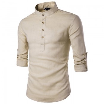 2018 Men casual Shirt Cotton Linen Blended Mandarin Collar Breathable Comfy Traditional Chinese Style long sleeve shirts EU size