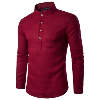 2018 Men casual Shirt Cotton Linen Blended Mandarin Collar Breathable Comfy Traditional Chinese Style long sleeve shirts EU size