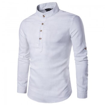 2018 Men casual Shirt Cotton Linen Blended Mandarin Collar Breathable Comfy Traditional Chinese Style long sleeve shirts EU size