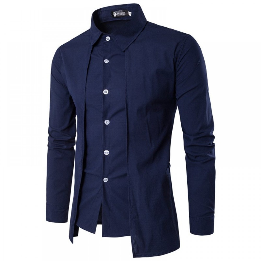 New Brand 2018 Men Shirt Fake Two Doors Dress Shirt Long Sleeve Slim Fit Camisa Masculina Casual Male Hawaiian Shirts 2X