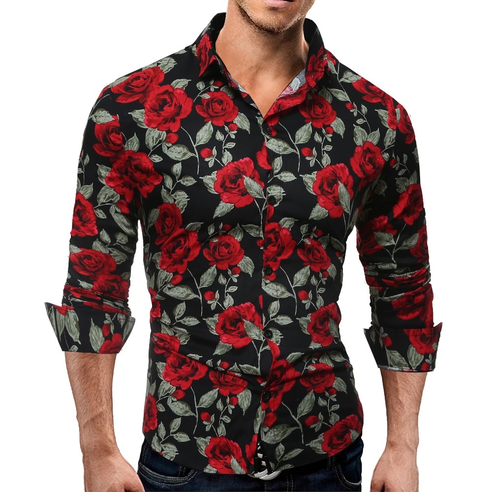 New Mens Long Sleeve Casual Shirt Fashion Rose Flower 3D Printed Floral Shirt Turn-down Collar Slim Fit Shirt For Mens Clothing
