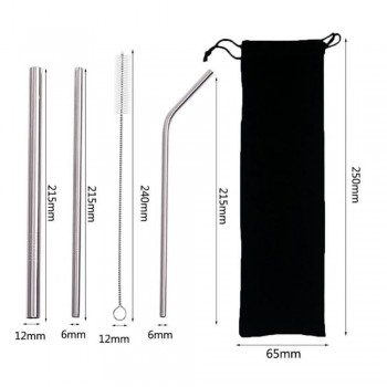 5pcs Eco Friendly Reusable Straw 304 Stainless Steel Straw Metal Smoothies Drinking Straws Set with Brush amp; Bag