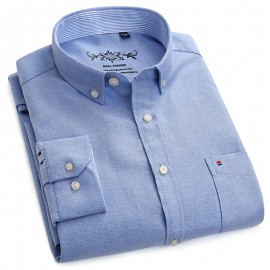 Mens Long Sleeve Blue Oxford Dress Shirt with Left Chest Pocket Cotton Male Casual Solid Button Down Shirts 5XL 6XL Big size