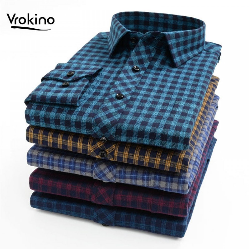 VROKINO Brand Increase Size XXL-10XL 2019 New Mens Flannel Plaid Shirt Business Leisure Fashion Cotton Long Sleeve Shirt Male